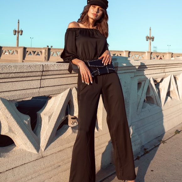 Black Off Shoulder Long Sleeve Jumpsuit - Picture 3 of 3